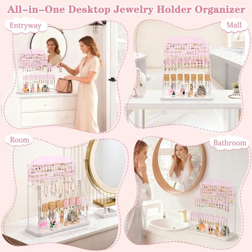 Keebofly Pink Acrylic Earring Organizer Stand with 300 Holes & 14 Hooks