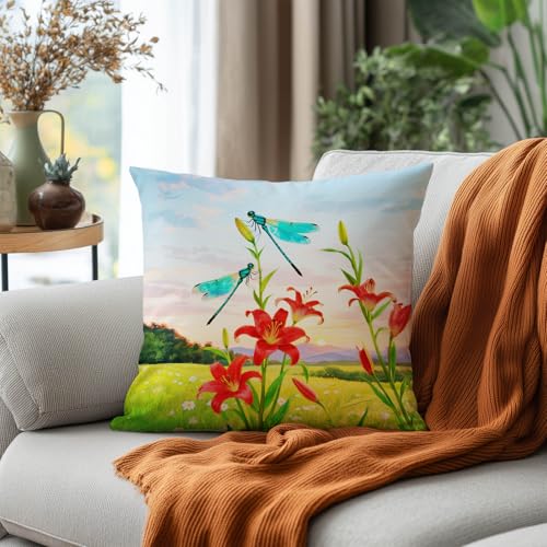 Spring Dragonfly Throw Pillow Covers 18x18 Red Floral Decorative Cushion