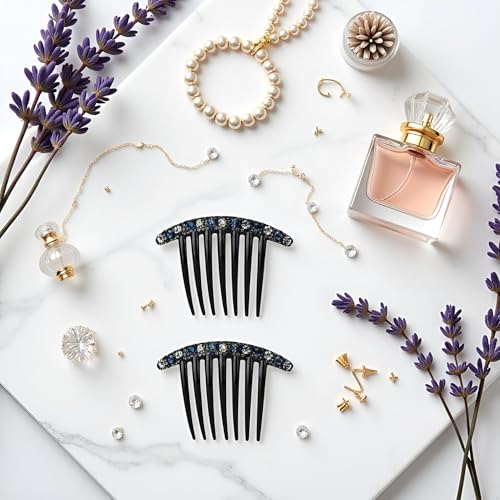 Blue Rhinestone Hair Combs 2-Piece Set Korean Style Seven-Tooth Hair Accessories