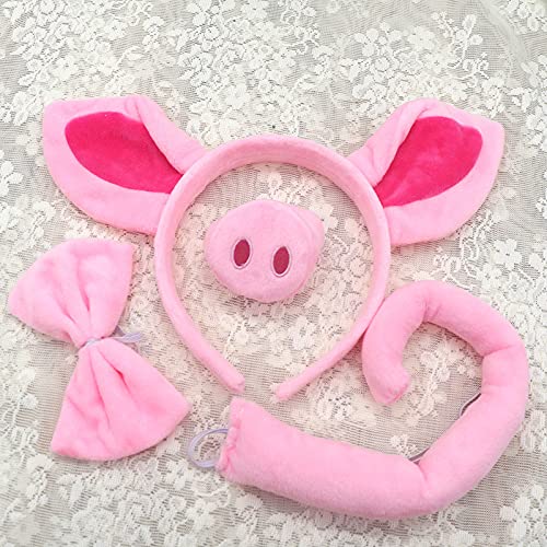 Pink Pig Ears Headband Nose Bow Tie and Tail Costume Set for Cosplay and Parties