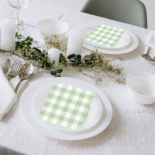 120 Pcs Sage Green Gingham Cocktail Napkins - Scalloped Design