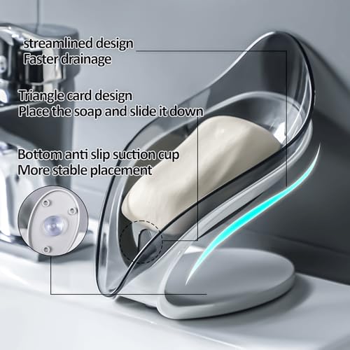 Grey Leaf-Shaped Soap Dish – Self-Drain Soap Holder for Shower & Sink