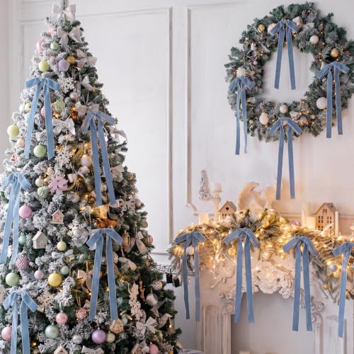 24 Pcs Velvet Christmas Tree Bow - Haze Blue, 9x13 Inch Decorative Holiday Gift Wrap