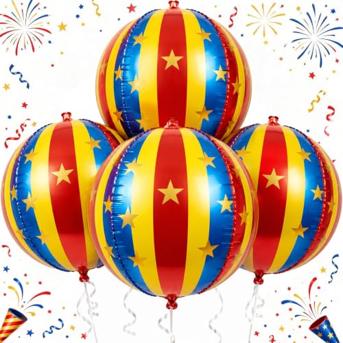 Red Blue Yellow 4 Pcs Carnival Foil Balloons - 22 Inch Striped