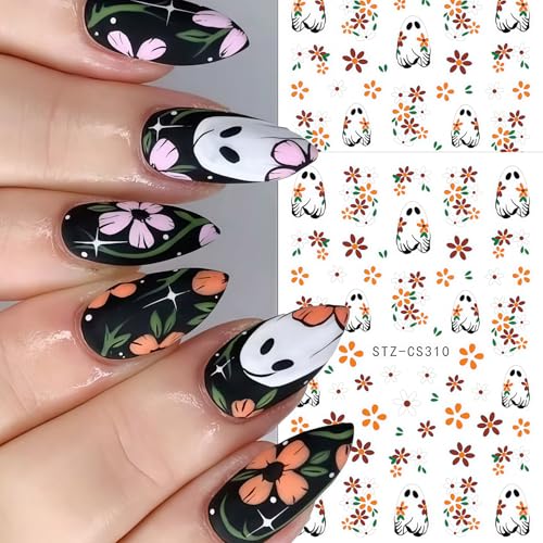 6 Sheets Ghost Nail Stickers 3D Self-Adhesive Spooky Floral Fall Decals