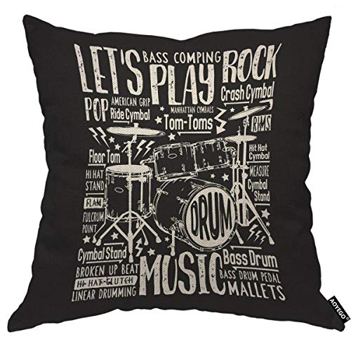 Music Rock Drums Throw Pillow Cover - 18x18 Inch Decorative Cushion