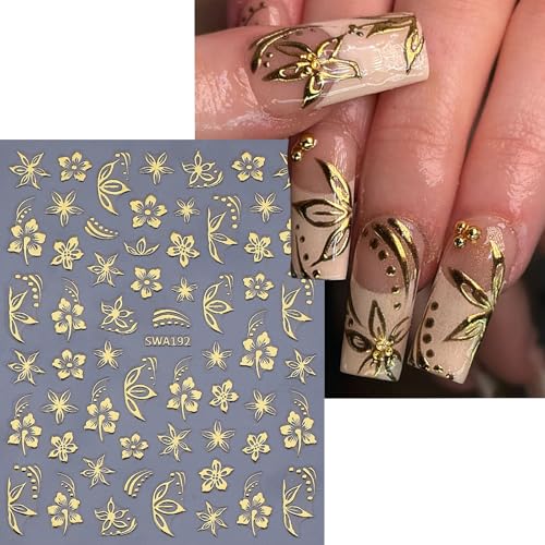 3D Floral Nail Art Stickers Gold & Dark Blue Glitter Decals (4 Sheets)