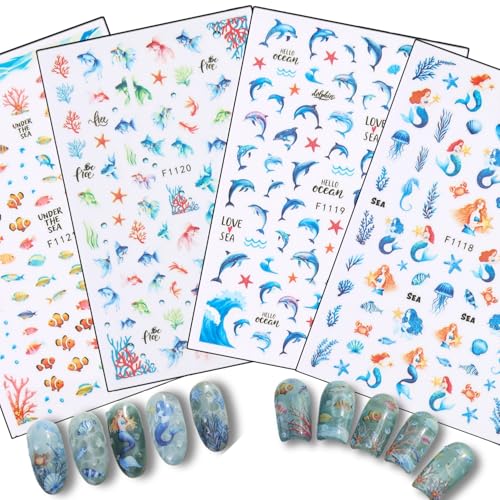 SIMAYKUWA Summer Ocean Nail Stickers Mermaid Dolphin Decals 4 Sheets