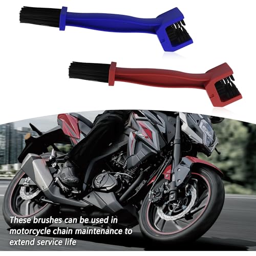 2PCS Motorcycle Chain Brush,Double-Ended Motorcycle Chain Cleaner with Three-Sided and Long Bristles,Universal Motorcycle Chain Cleaning Kit for Motorcycle Bicycle Mountain Bike (1 Red + 1 Blue)