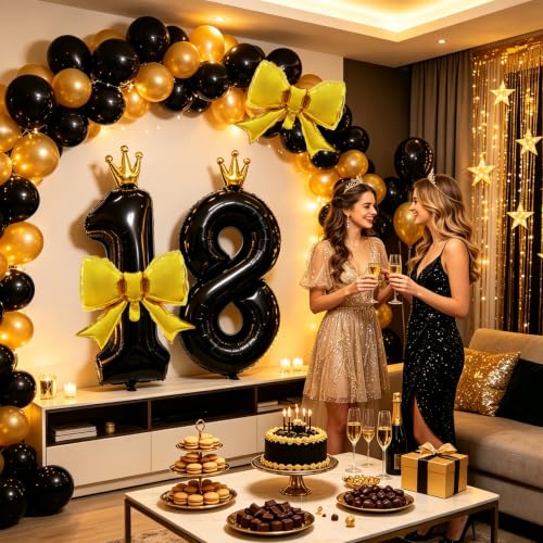 40 Inch Black Crown Number Balloon with Gold Bow for Birthday Decor