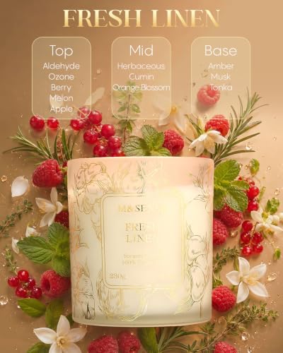 M&SENSE Fresh Linen Soy Candle, 8.1oz Gilded Glass Jar, Hypoallergenic