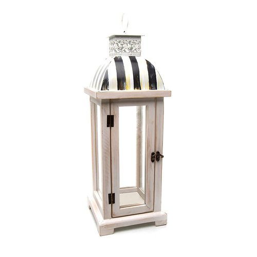 MACKENZIE-CHILDS Lantern, Wooden Lantern for Flameless Candles, Black-and-White Courtly Stripe