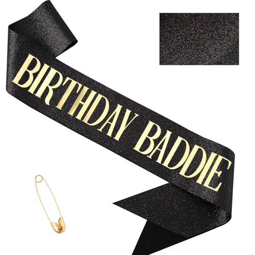 Black Glitter Birthday Baddie Sash with Gold Foil - Party Accessory