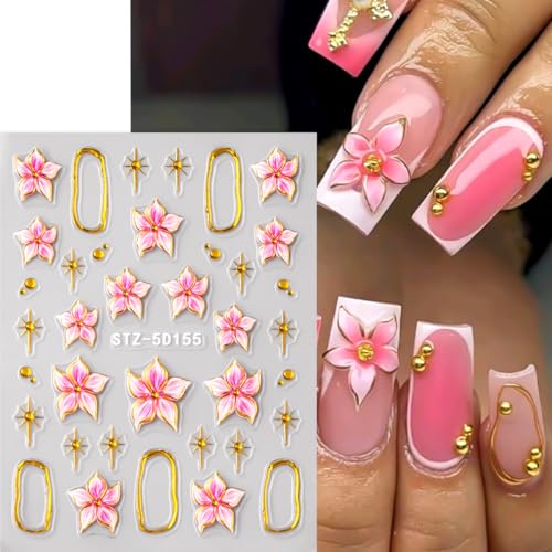 5D Embossed Flower Nail Art Stickers - Pink Lily Gold Frame Decals 3 Sheets