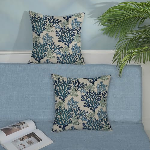 AGAYNA Navy Blue Coral Coastal Throw Pillow Covers 18x18 Set of 2