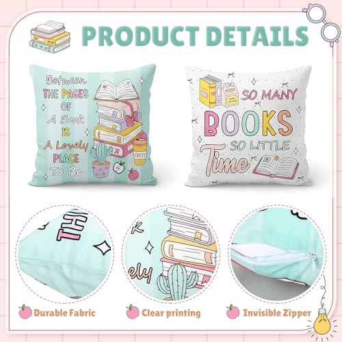 Tranqun Pastel Book Throw Pillow Covers Set of 4 Classroom Reading Decor, 18x18 Inches