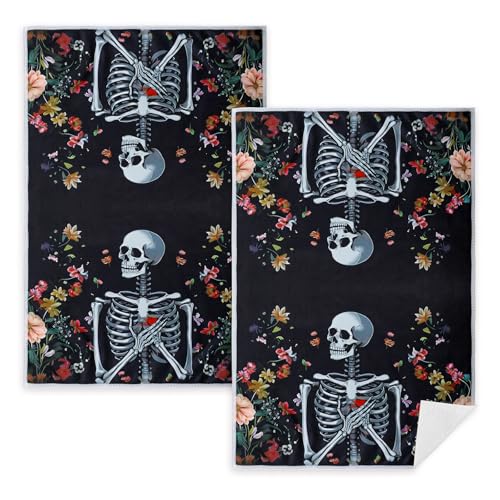 Gothic Skull Kitchen Towels 2 Pack - Cute Goth Flower Microfiber Dish Hand Towels with Hanging Loop