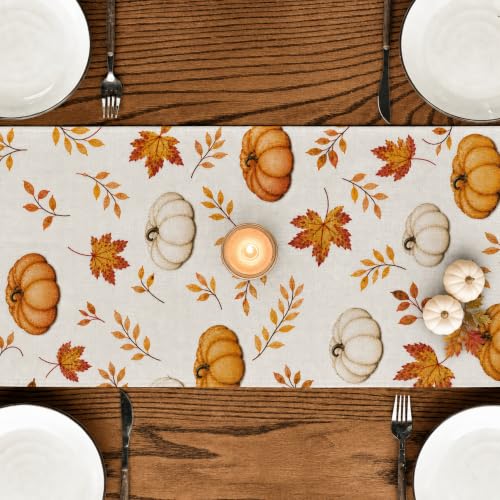 Thanksgiving Table Runner - Orange Pumpkins & Maple Leaves, 13x72"