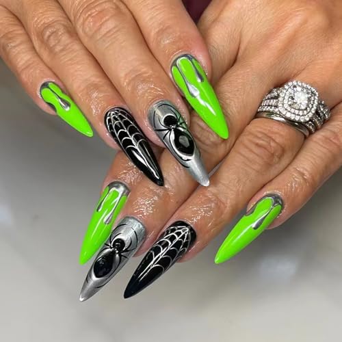 Halloween Long Stiletto Press On Nails Spider Web Fake Nails