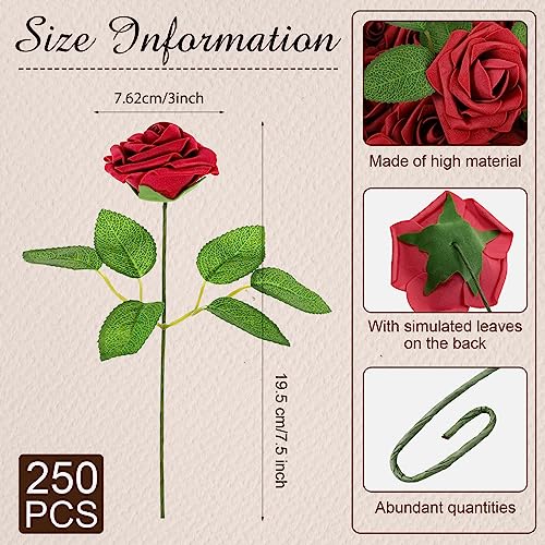 Artificial Burgundy Roses Bulk 250 Pcs Fake Flowers with Stems for Weddings & Decor