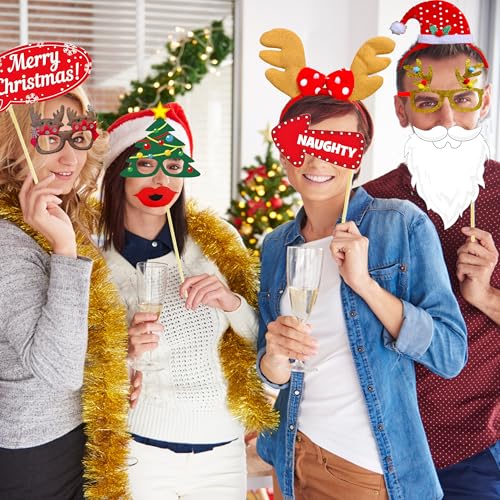 Christmas Photo Booth Props Kit 52 Pcs with Glitter Glasses Hats Signs - Holiday Party Decorations