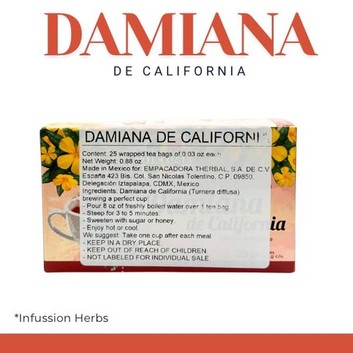 Therbal – Damiana de California Herbal Tea (25 Tea Bags) | 100% Turnera diffusa | Caffeine-Free Infusion