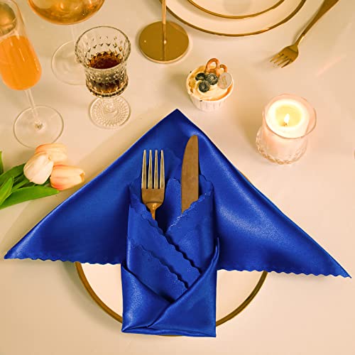 Manyshofu Royal Blue Satin Scalloped Cloth Napkins 18x18 Set of 6