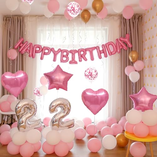 Pink Happy Birthday Banner & Star Balloons Set - 30pcs