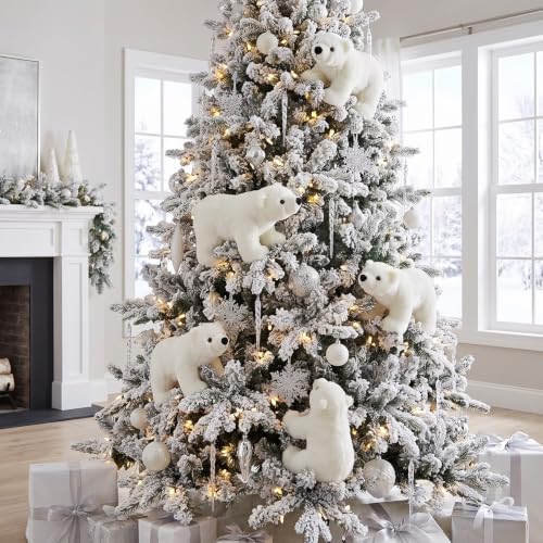 Large Christmas Polar Bear Ornaments Set - White Cuddly Animal Decorations, 5.12 x 7.87 Inches - Stand Included