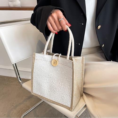 HSOOVZN 2-Piece Embroidered Jute Tote Bag Set - White Personalized Bento Bag