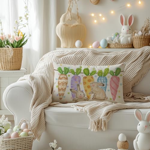 Easter Bunny Pillow Cover 12x20 Inch with Carrots & Polka Dots