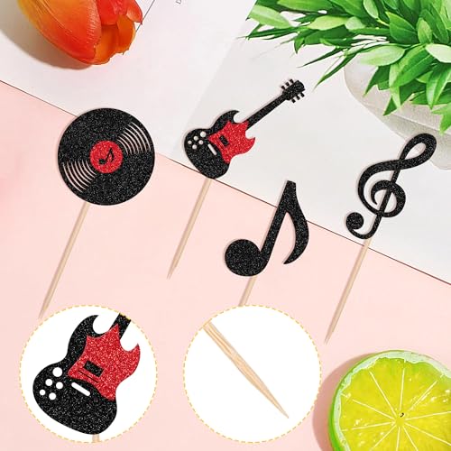 24 PCS Music Notes Cupcake Toppers Design 1 - Glitter Guitar & Vinyl Record Cake Picks