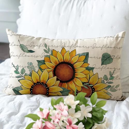 Sunflower Lumbar Throw Pillow Cover, 12x20 Inch Cotton Linen Case