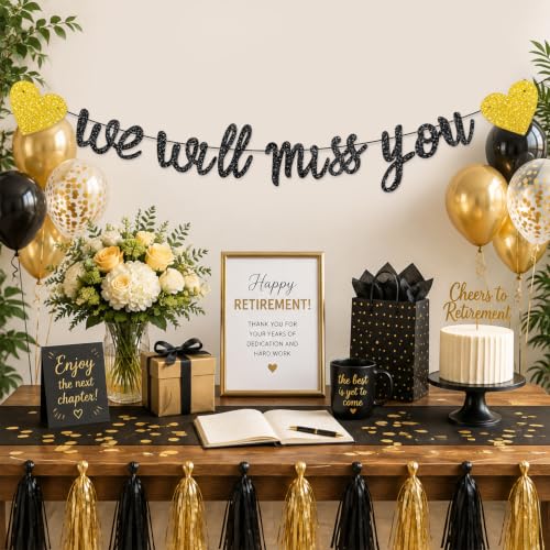 We Will Miss You Banner - Pre-Strung Glitter Farewell Party Decorations