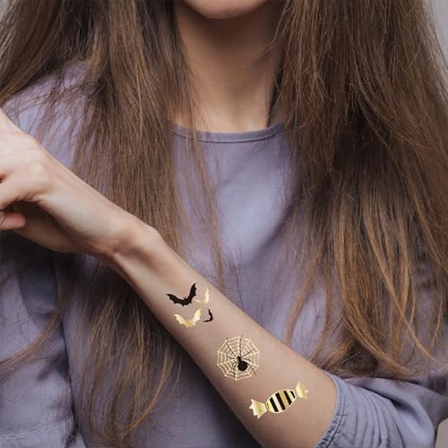 KSTBJN Halloween Temporary Tattoos Gold Fake Tattoo Set for Face and Body