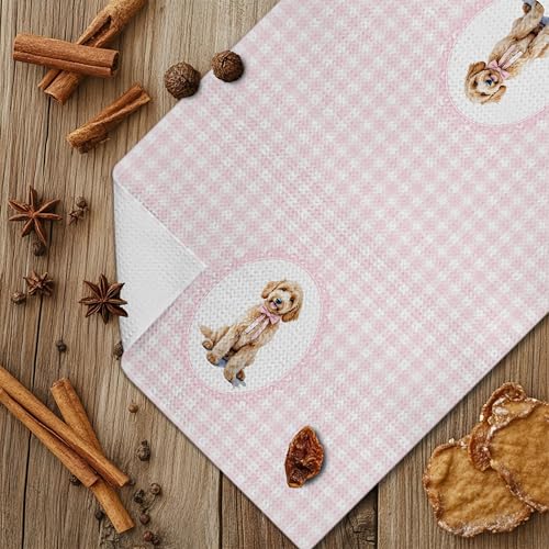 LUKIPOM Pink Doodle Coquette Bow Goldendoodle Dog Kitchen Hand Towels - 16x24 Inches