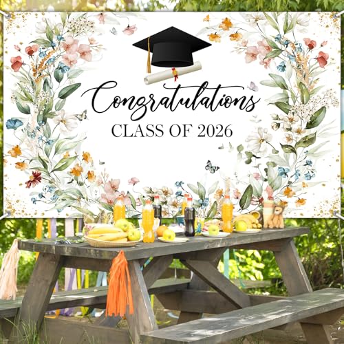 Wildflower Graduation Backdrop Banner - Class of 2026, 70.8 x 43.3 Inch