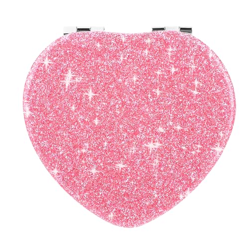 YUXIANLB Heart Shaped Compact Mirror for Purse - Pink Mini Travel Pocket Makeup Mirror with 1X/2X Magnification