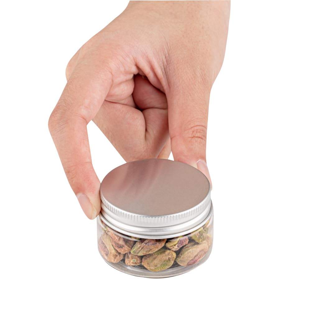 Restaurantware RW Base 1 Ounce Candy Jars 100 Durable Kitchen Storage Containers - Round Airtight Seal Clear Plastic Snack Jars With Silver Aluminum Lids For Table Display Or Candy Buffet