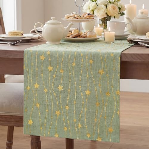 Gold Stars Sage Green Burlap Table Runner 12x48 Inch - Artoid Mode