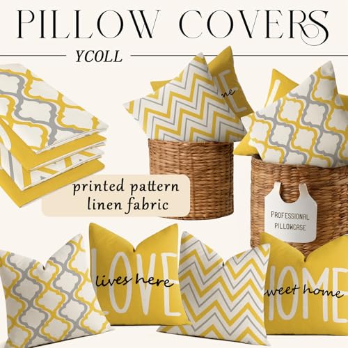 YCOLL Yellow Farmhouse Pillow Covers 18x18 (Set of 4) - Rustic Linen Cushion Covers for Couch & Bedroom Decor