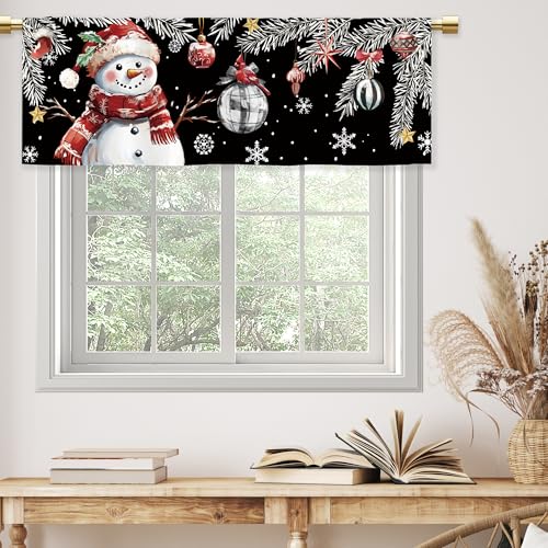 Black Snowman Christmas Valance for Kitchen Windows - 52x18 Inch A4 Pack