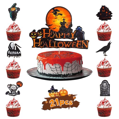 VEYLIN 21Pcs Halloween Cupcake Toppers Castle Ghost Cake Decorations