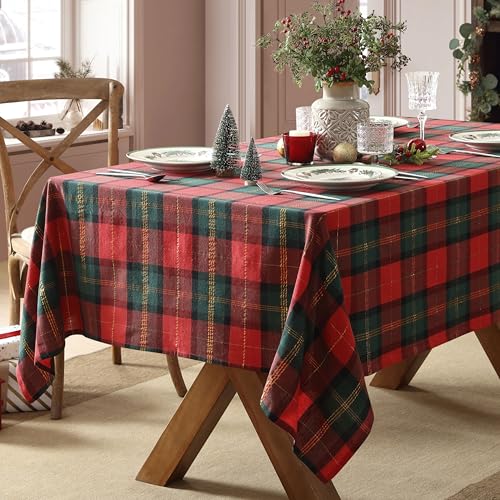 Christmas Dancer Plaid Tablecloth 60 x 120 Inches Red Green Gold Holiday Decor