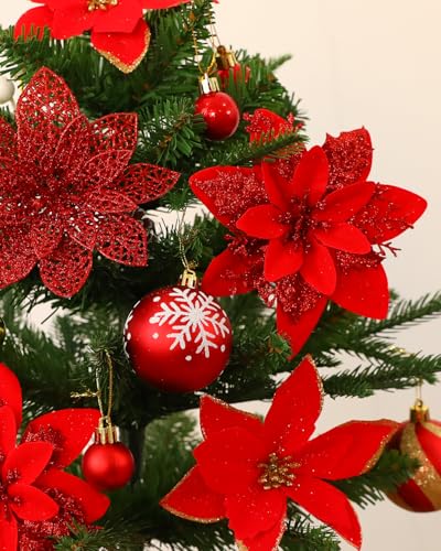Artificial Christmas Poinsettia Flowers Set - 30 Pcs, Red, 3 Styles with Holly Berry Stems and Clips