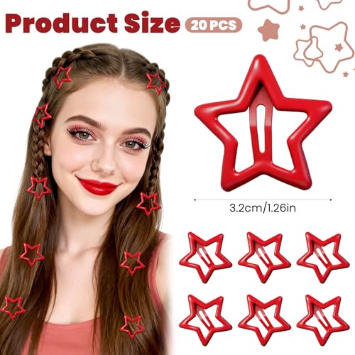 Yuomeaz 20 Pcs Red Star Hair Clips Y2K Non-Slip Snap Barrettes