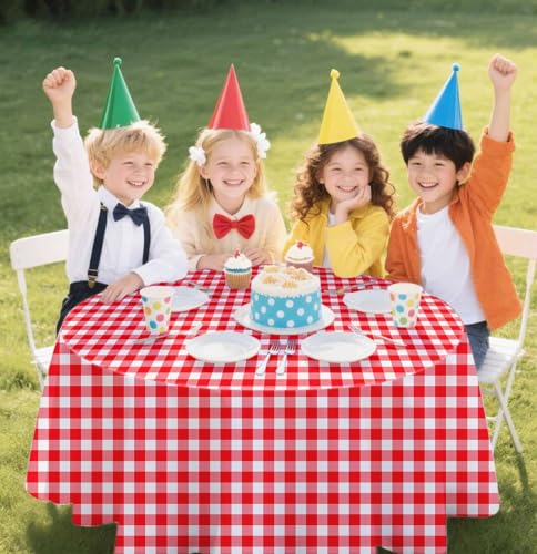 SietDESEO 84-Inch Round Red Gingham Tablecloth - 2 Pack Disposable Plaid Cover