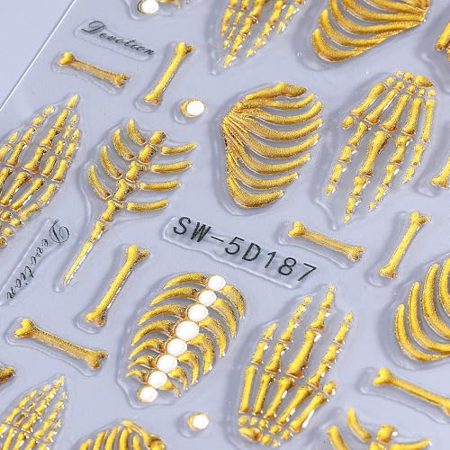 Qdsuh 5D Embossed Skull Halloween Nail Art Stickers Gold Rose Gold
