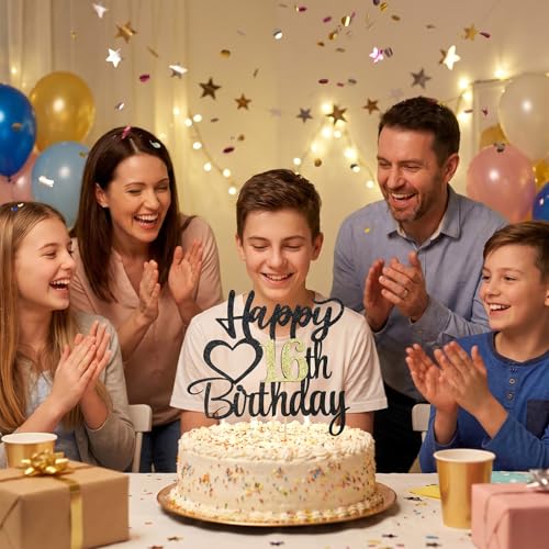 Black Glitter 16th Birthday Cake Topper - Happy 16th Decoration