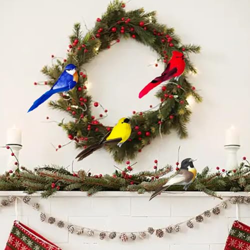 Handmade Foam and Feather Clip-On Birds for Holiday Decor - 4PCS